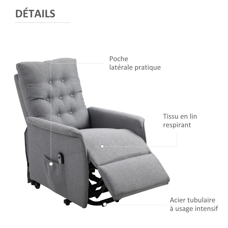HOMCOM Fauteuil de Relaxation électrique Fauteuil releveur inclinable avec Repose-Pied Ajustable Lin Gris