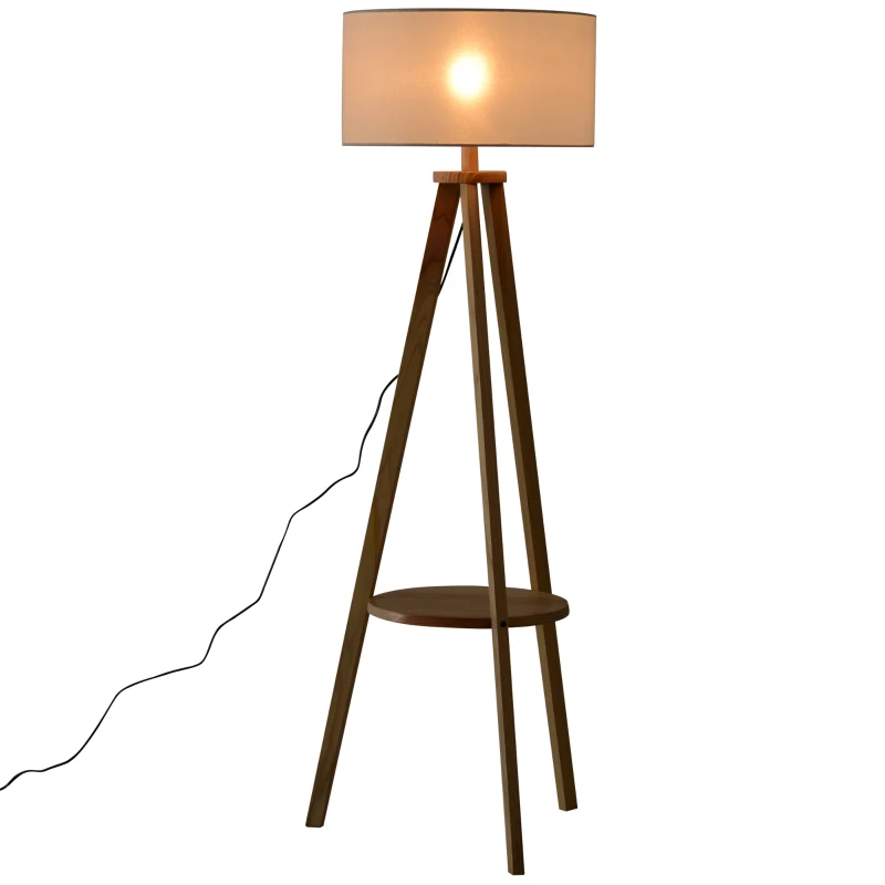 HOMCOM Lampadaire trépied design scandinave dim. 50L x 50l x 154 cm 40 W max. étagère intégrée bois massif pin abat-jour toile lin beige