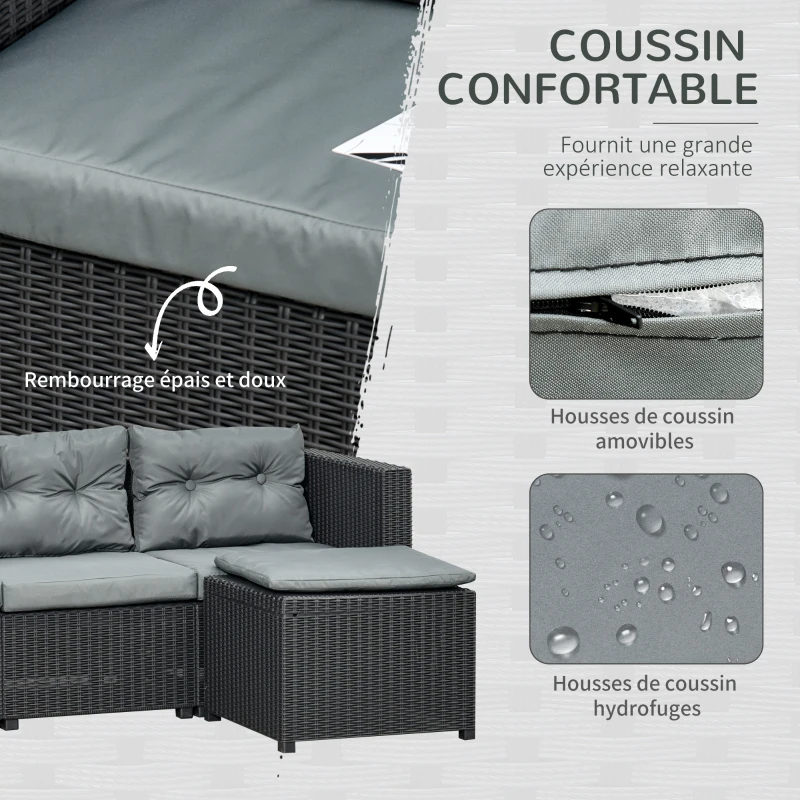 Outsunny Ensemble salon de jardin 2 pièces canapé 3 places + pouf 7 coussins déhoussables inclus PP imitation rotin tressé gris