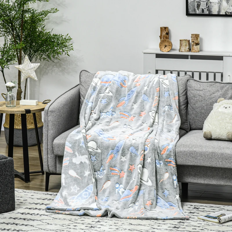 HOMCOM Glow in The Dark Flannel Fleece Blanket for Sofas, All-Season Fluffy Warm Throw Blanket for Bed, Couch, Chair, Kids Galaxy Stars Luminous Blanket for Boys and Girls, 203x152cm, Grey