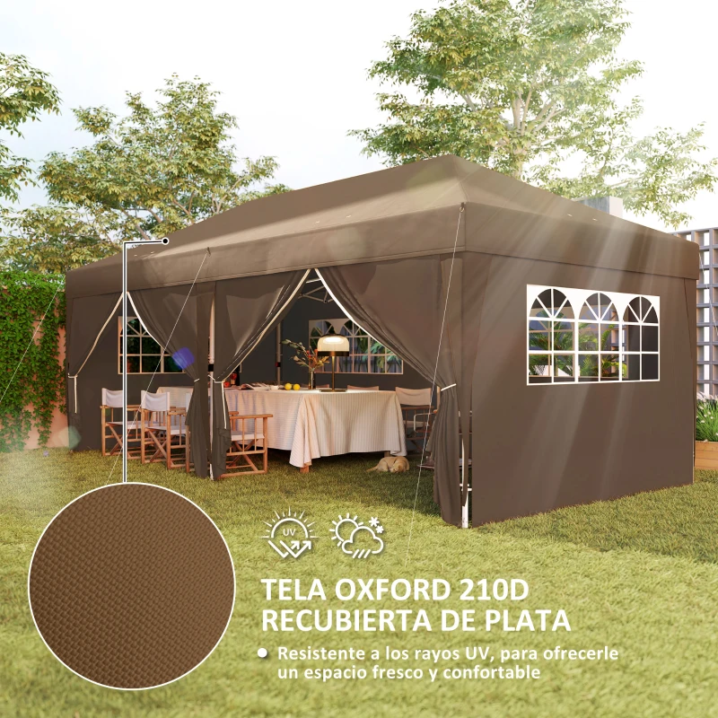 Outsunny Carpa Plegable 6x3 m Gazebo con 6 Paredes Laterales Impermeable Anti-UV y Bolsa de Transporte para Camping Fiesta Café