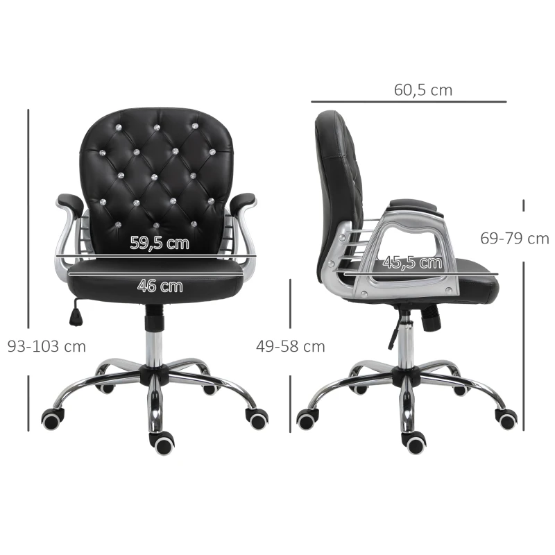 HOMCOM Fauteuil de bureau chaise de bureau ergonomique réglable roulettes pivotantes boutons strass revêtement synthétique PU 59,5L x 60,5l x 95-105H cm noir