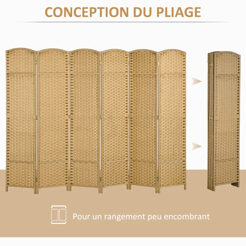 HOMCOM Paravent interieur en bois 6 panneaux 240 x 170 cm séparateur de pièce pliable pour salon, chambre à coucher, naturel