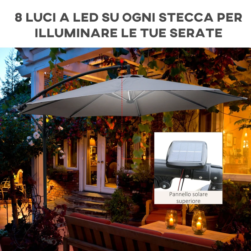 Outsunny Ombrellone da Giardino Ø3x2.5 m a Braccio con Manovella e 8 Strisce LED a Energia Solare, Grigio
