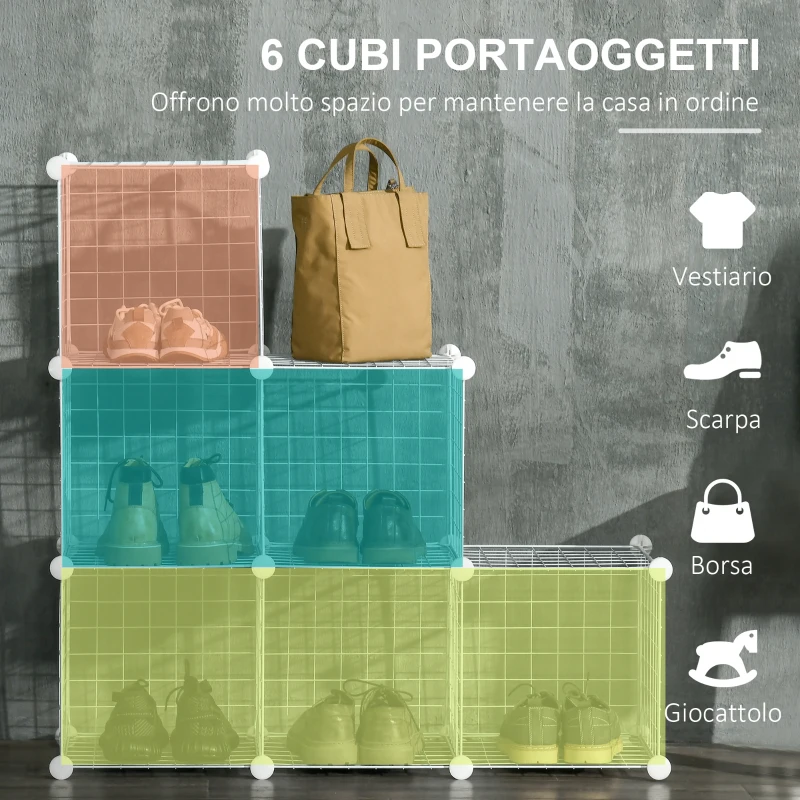 HOMCOM Mobile Scarpiera Modulare Salvaspazio, 6 Cubi 30x30x30 cm in Acciaio e PP, 94x32x94 cm, Bianco