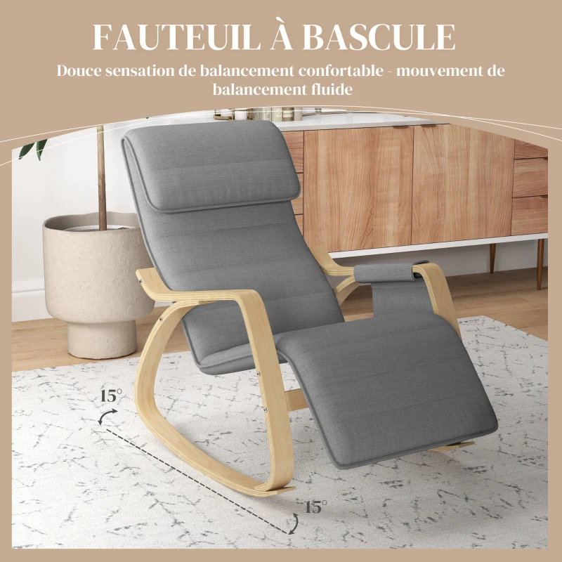 HOMCOM Fauteuil relax à bascule fauteuil allaitement avec repose-pieds réglable, poche latérale et appui-tête, gris