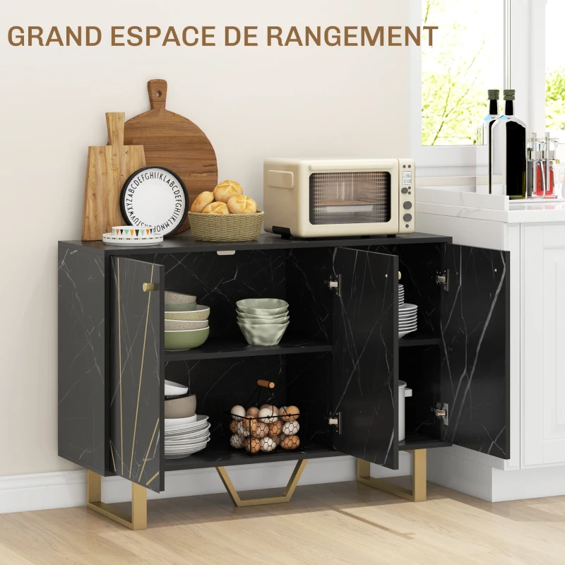 HOMCOM Meuble de rangement buffet salon avec 2 placards 3 portes et étagère réglable, pieds en métal, aspect marbre noir