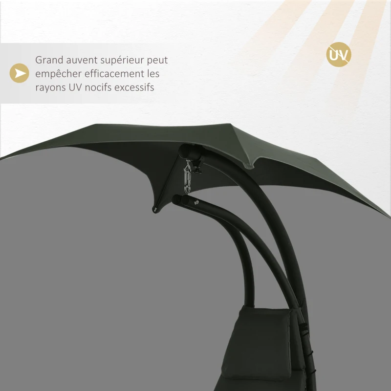 Outsunny Bain de Soleil transat Suspendu Chaise Suspendu Extérieur avec Pare-Soleil et Matelas Design Contemporain 190L x 110l x 190H cm Acier Polyester Gris foncé Noir