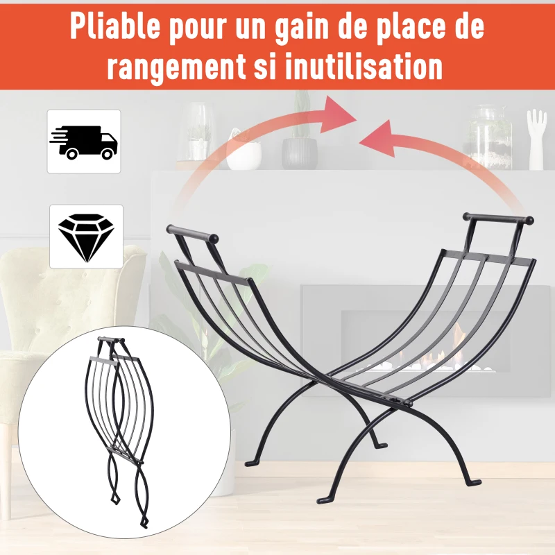 Outsunny Range-bûches rack à bûches design contemporain 60L x 35l x 45H cm pliable métal noir