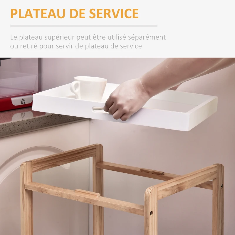 HOMCOM Chariot de service desserte de cuisine à roulettes 2 étagères + plateau amovible bois de pin MDF blanc