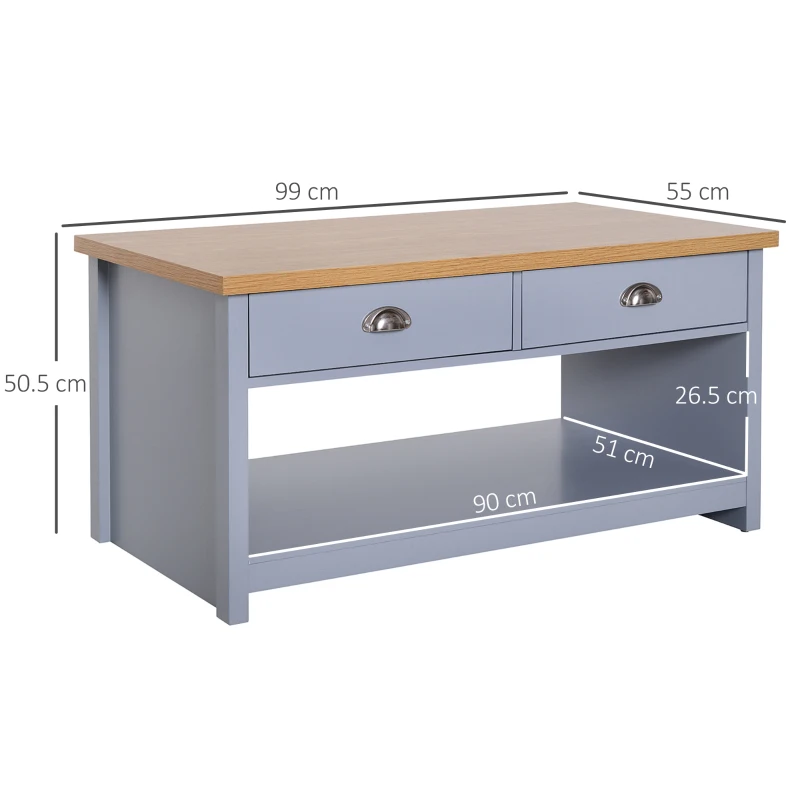 HOMCOM Tavolino da Caffè con Maniglie, 2 Cassetti e 1 Ripiano Aperto in MDF, 99x55x50.5cm