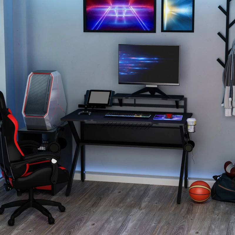 HOMCOM Gaming Desk, Computer Table with Monitor Stand, Cup Holder, Headphone Hook, Wire Basket and Metal Frame, 120cm, Black