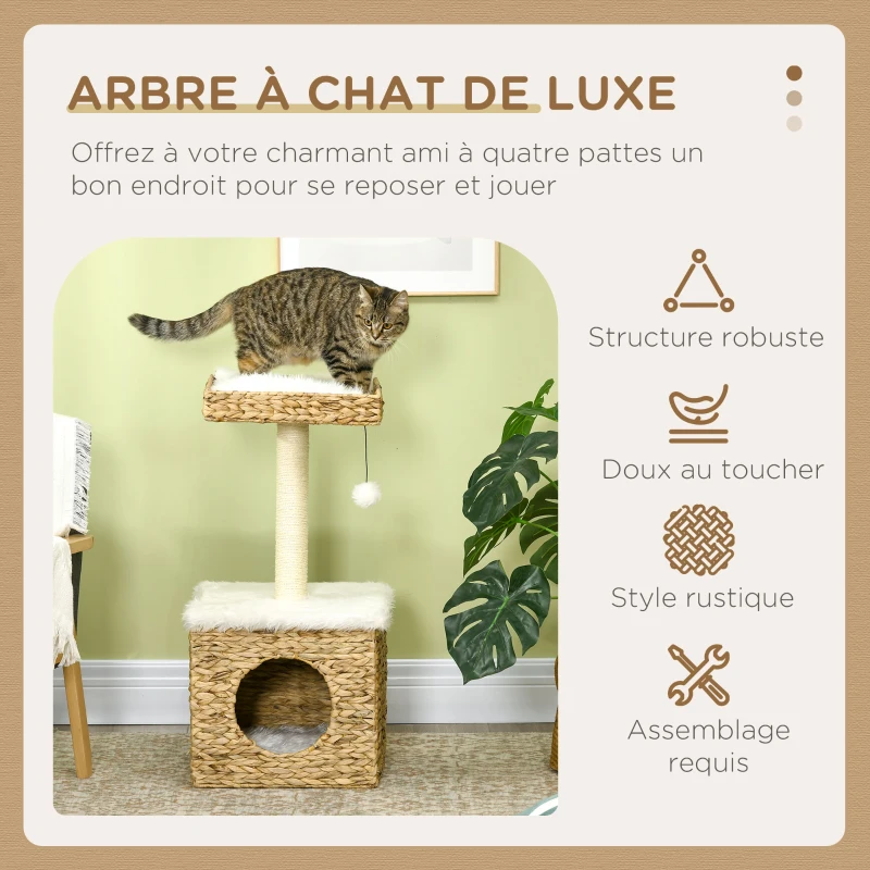 PawHut Arbre à chat 2 niveaux avec 1 niche 1 poteau sisal 1 plateforme d'observation et 1 pompon suspendu jacinthe d'eau