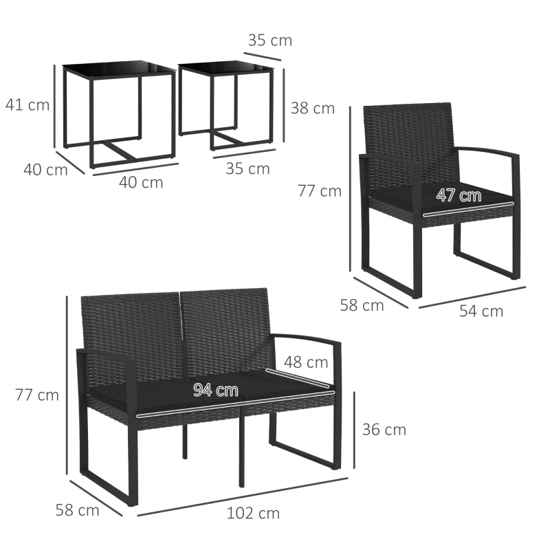 Outsunny Conjunto de Muebles de Jardín de Ratán Sintético con 2 Sofás Individuales 1 Sofá Doble y 2 Mesas de Centro Negro