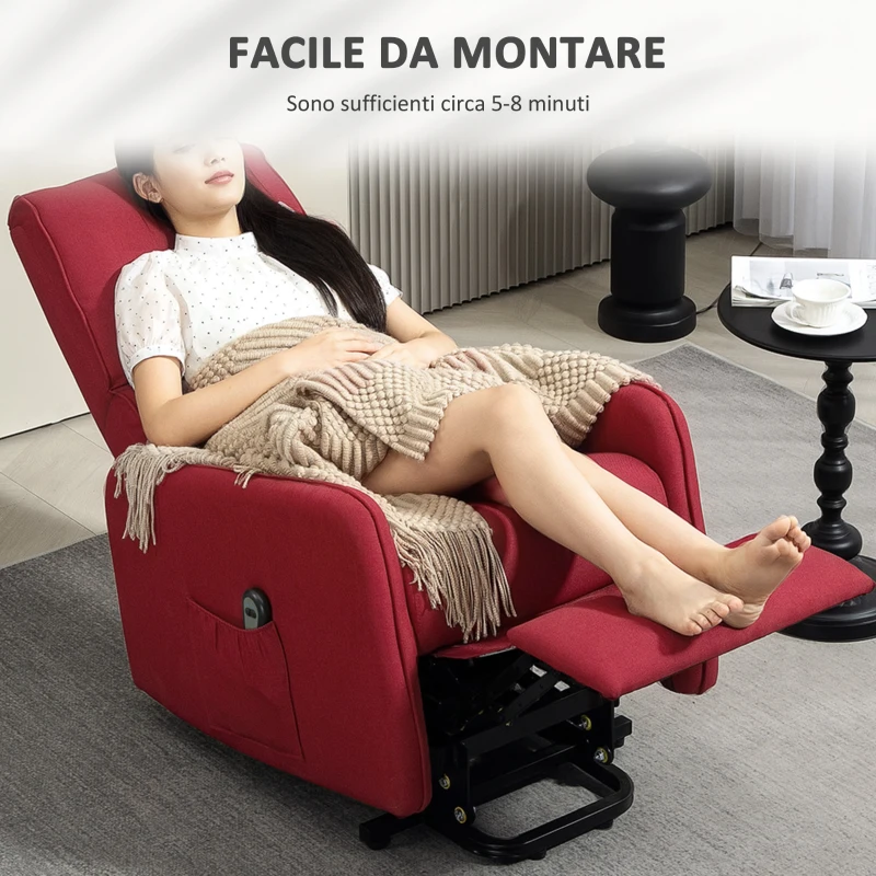 HOMCOM Poltrona Alzapersona Elettrica Reclinabile con Telecomando e Tasca in Tessuto, Rosso