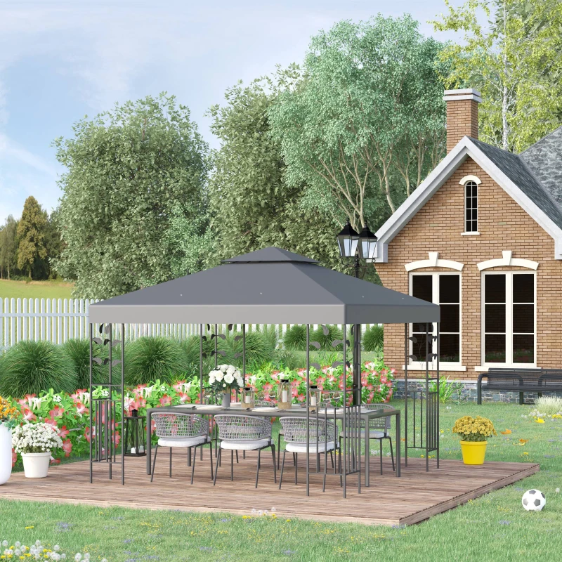 Outsunny 3 x 3m Outdoor Steel Gazebo with 2 Tier Roof, Garden Gazebo Patio Canopy Marquee Shelter with Decorative Steel Frame - Grey