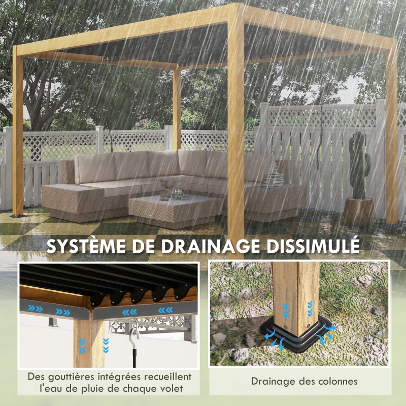 Outsunny Pergola 3 x 4 m bioclimatique tonnelle avec lames orientables manivelle, style contemporain, aluminium - noir et naturel