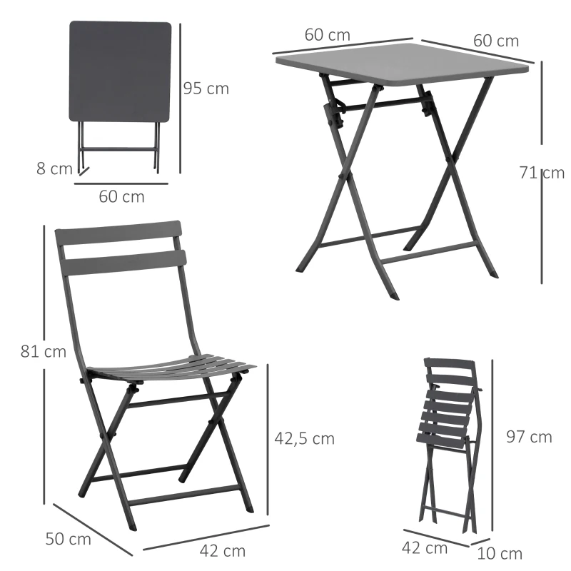 Outsunny Salon de jardin bistro pliable - table carrée dim. 60L x 60l x 71H cm avec 2 chaises - métal thermolaqué gris