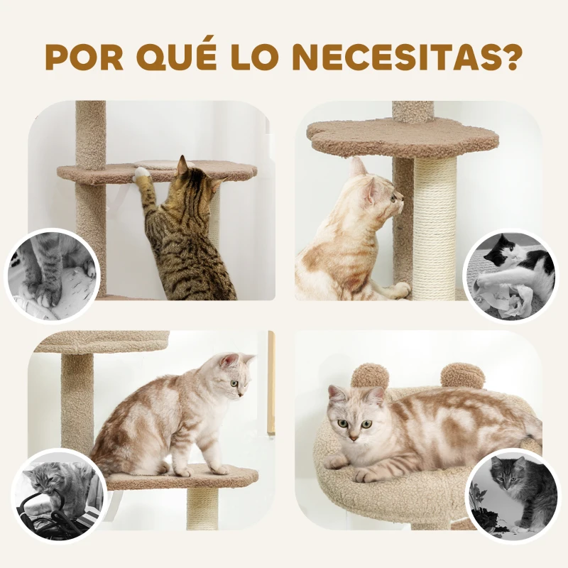 PawHut Árbol Rascador para Gatos Altura 133 cm Torre para Gatos con Nido Plataformas Bola Colgante y Poste de Yute Café