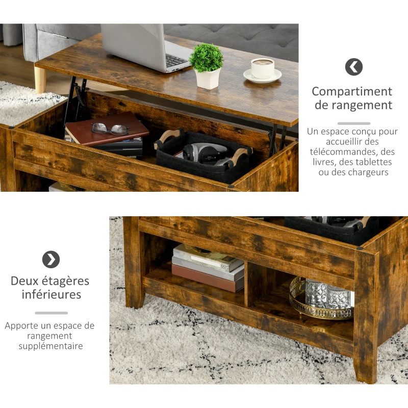 HOMCOM Table basse plateau relevable, table de salon avec étagères et compartiment caché,105 x 50 x 49-62,5 cm pour salon, chambre, brun rustique