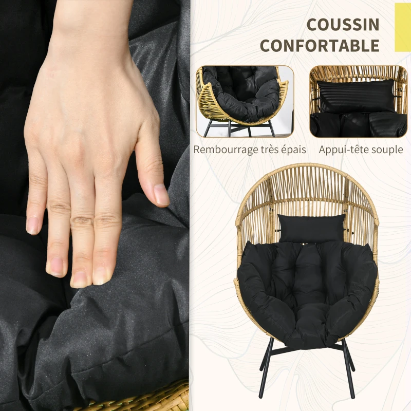 Outsunny Fauteuil de jardin cocon sur pied résine effet rotin coussins polyester, structure en métal, dim. 89 x 75 x 143 cm
