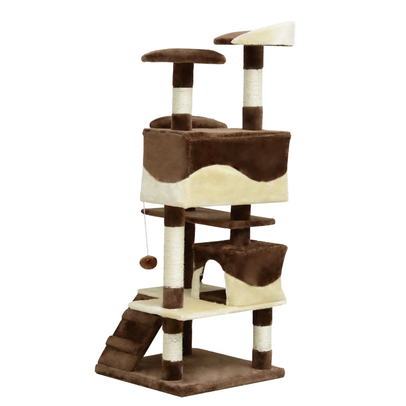 PawHut Albero Tiragraffi per Gatti in Peluche e Sisal con Cucce e Pallina 50×50×134.5cm Caffè e Crema