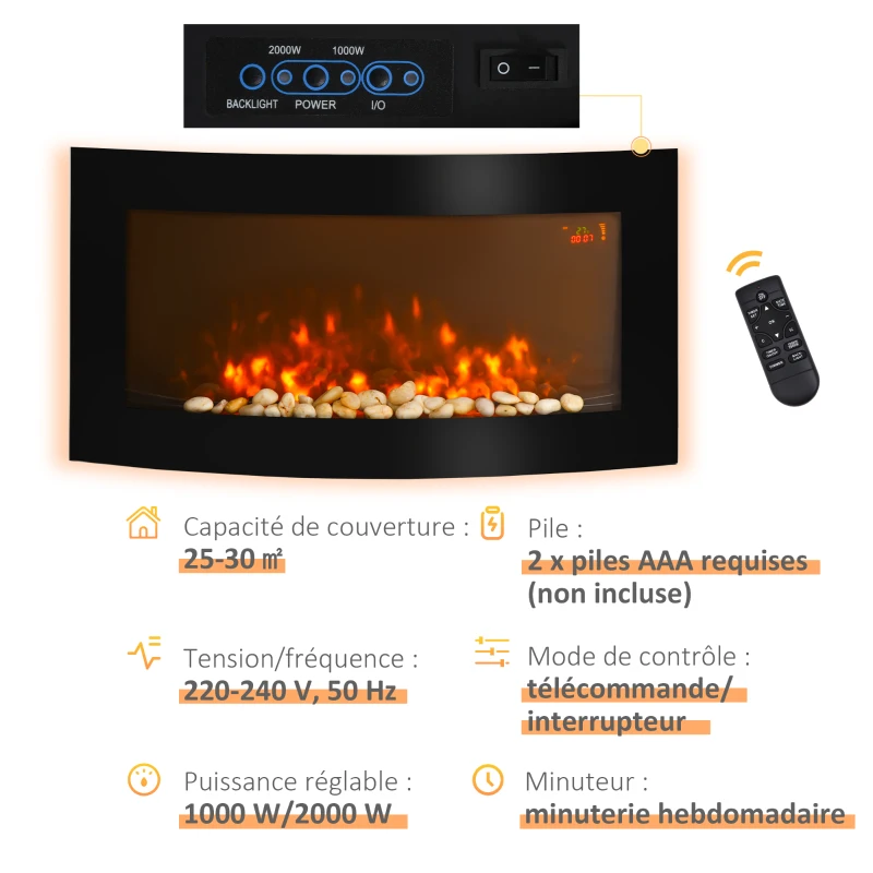 HOMCOM Cheminée électrique Murale éclairages latéraux LED Design Avant-gardiste Affichage LED avec télécommande et minuterie 1000/2000 W luminosité réglable Noir
