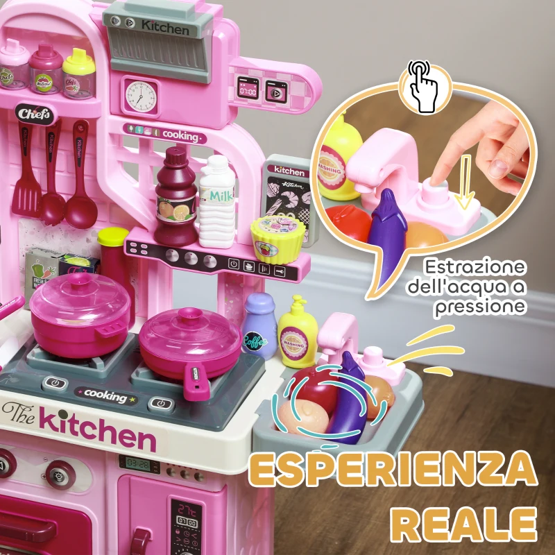 AIYAPLAY Cucina Giocattolo per Bambini da 33 Pezzi con Luci, Suoni e Rubinetto, in PP e ABS, 53x22x69 cm, Rosa