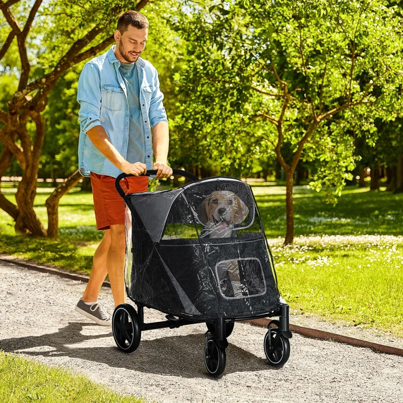 PawHut 4 Wheel Pet Stroller with Rain Cover for Medium and Large Dogs - Black