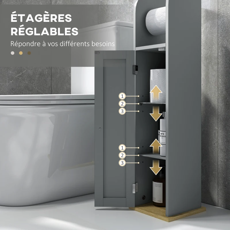 kleankin Meuble de salle de bain support papier toilette avec placard et étagères réglables 20 x 20 x 80 cm gris