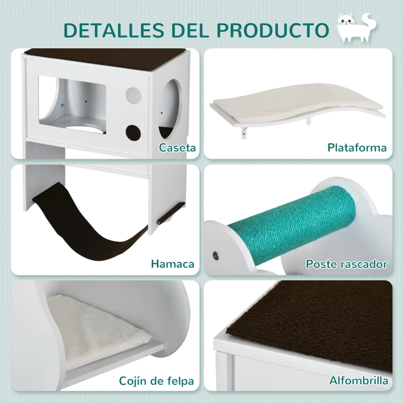 PawHut Juego de Escalada para Gatos de Pared de 3 Piezas con Caseta Plataformas Hamaca y Poste de Sisal Blanco