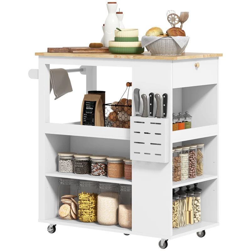 HOMCOM Carrello Isola da Cucina con Ripiani Regolabili, Portacoltelli e Piano in Legno, 86.5x47x88 cm, Bianco