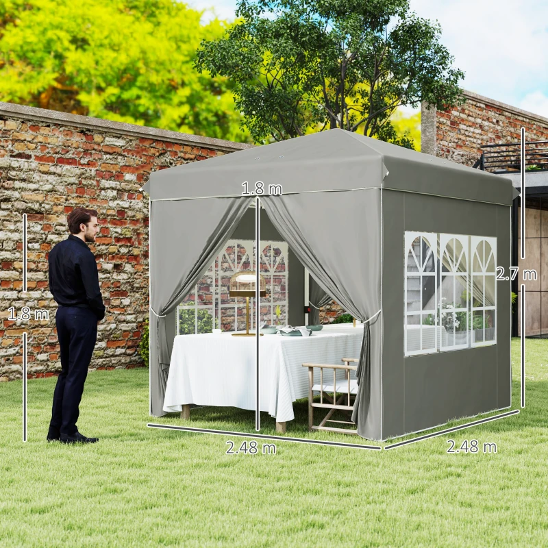 Outsunny Gazebo da Giardino Pop Up con 2 Finestre e Gambe Regolabili, in Metallo e tessuto Oxford, 248x248x270 cm, Grigio