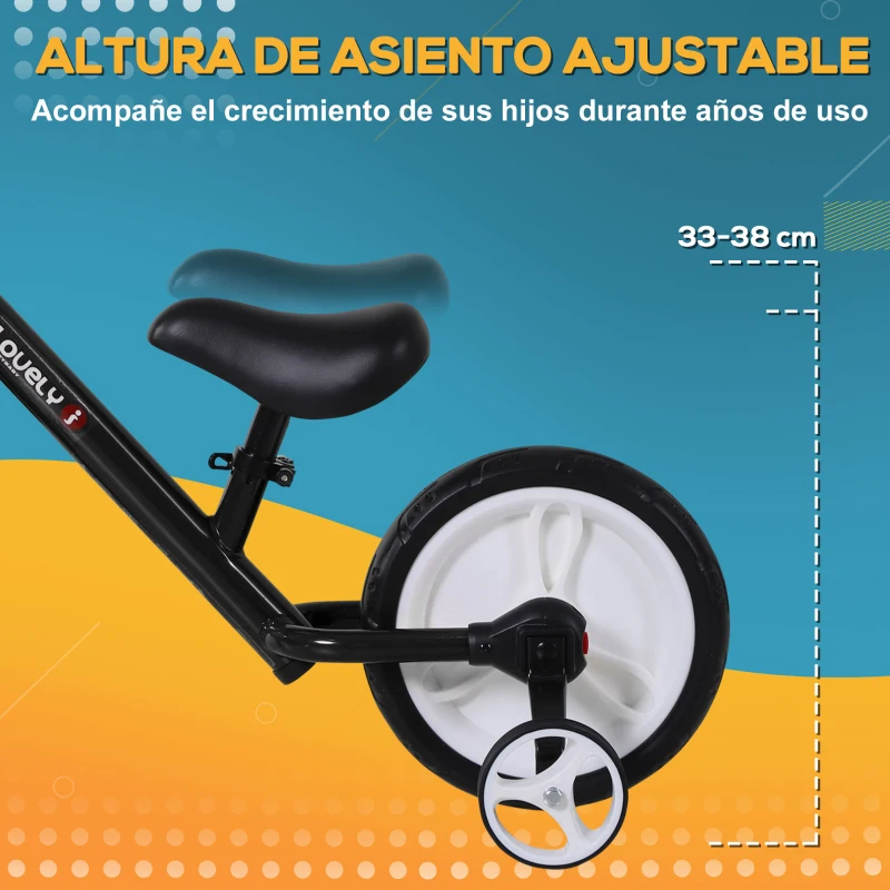 HOMCOM Bicicleta de Equilibrio con Pedales y Ruedas Entrenamiento Extraíbles de Asiento Regulable 33-38cm Niños +24 Meses Carga 25kg Negro