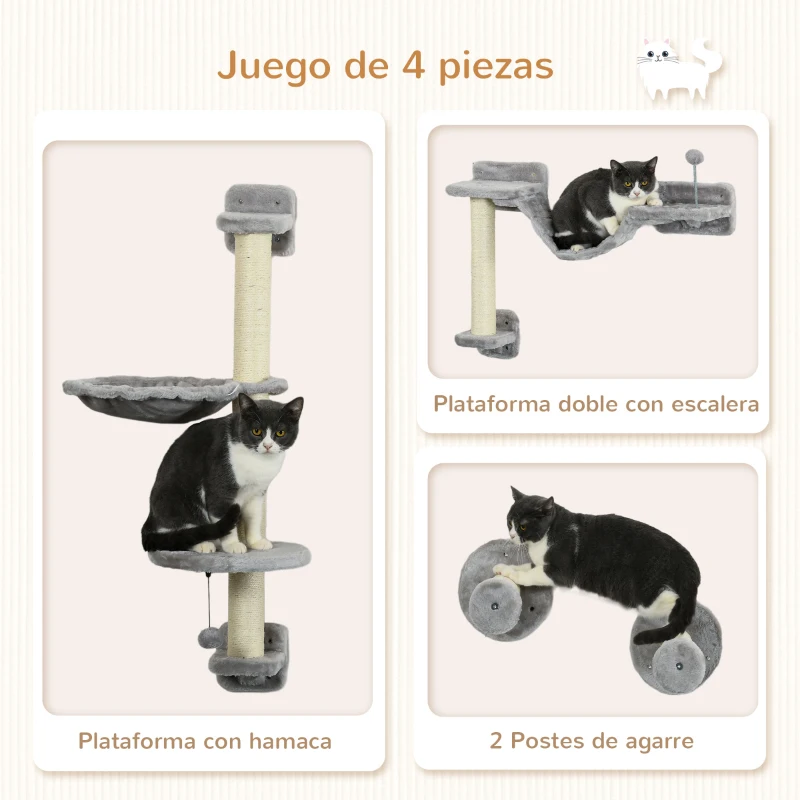 PawHut Juego de Escalada para Gatos de Pared 4 Piezas con Hamaca Bola Plataformas 84,5x19x54 cm Gris y Beige