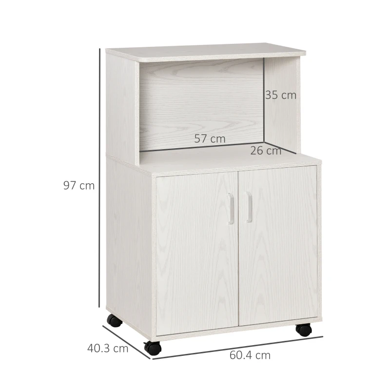 HOMCOM Mobile Cucina Multiuso con Ruote, Armadietto e Ripiano per Microonde, Credenza Alta in Legno Truciolare, 60.4x40.3x97cm Bianco