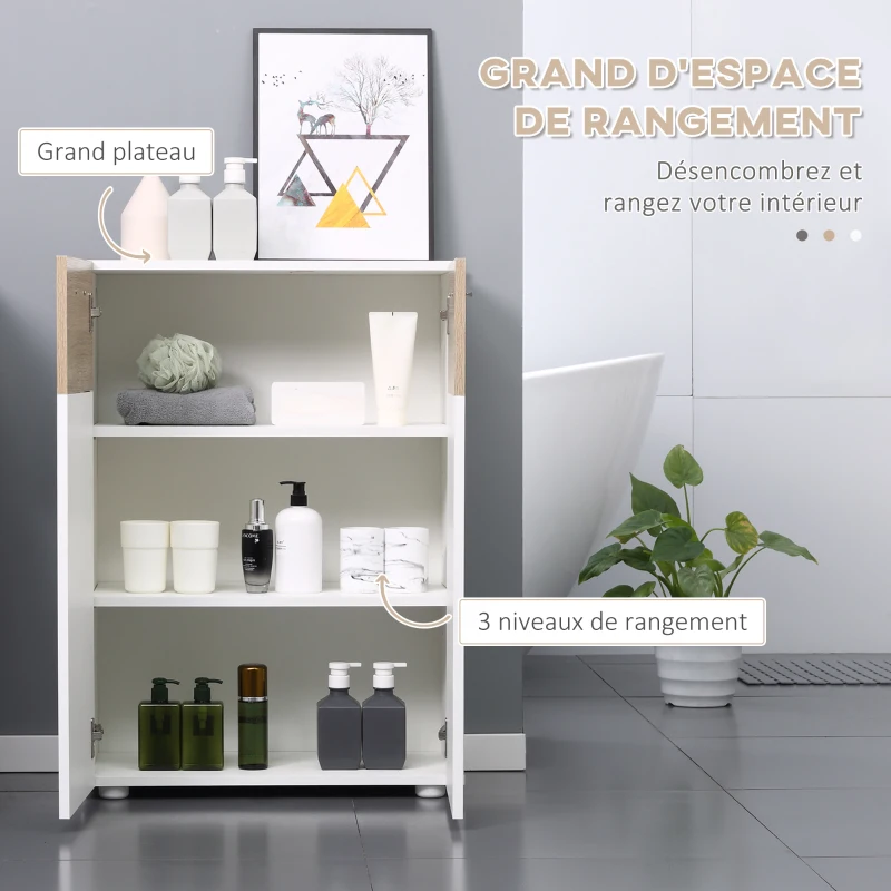 kleankin Meuble de rangement Armoire Commode pour Salle de Bain, Salon, Chambre Double Porte avec 2 étagères réglables en Bois Blanc etchêne Clair