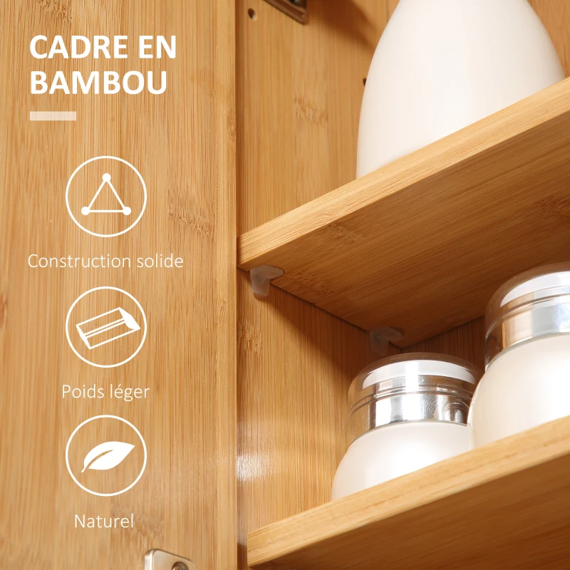kleankin Armoire murale de salle de bain avec miroirs et 2 portes en bambou 65,2 x 14 x 50 cm
