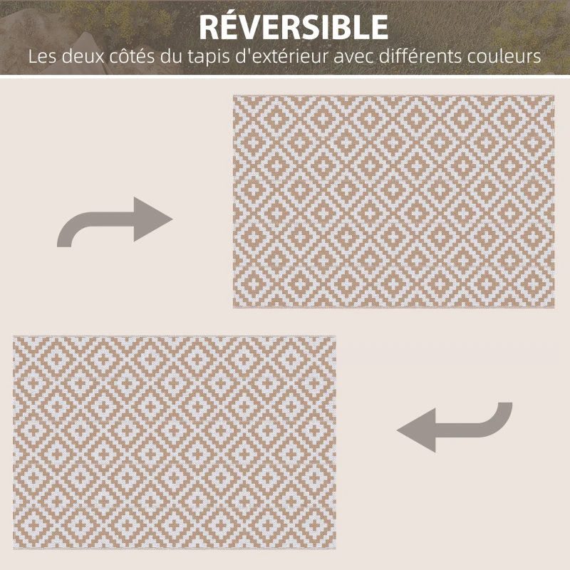 Outsunny Tapis extérieur Style Graphique - Tapis réversible 2 Motifs - dim. 2,74L x 1,82l m - PP Haute densité 310 g/m² Blanc Beige