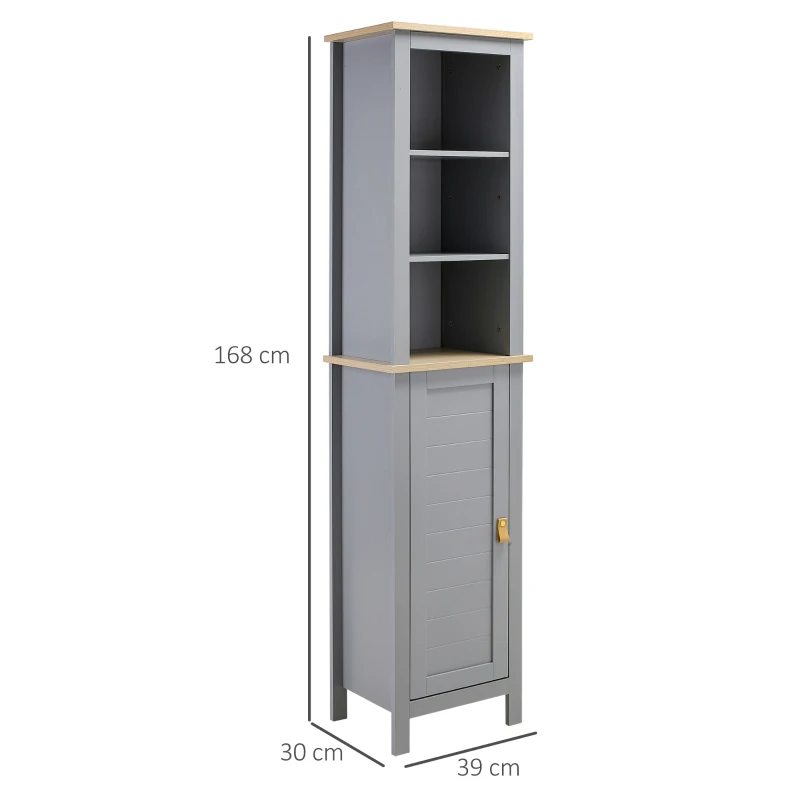 kleankin Armario Alto de Baño Moderno Mueble Columna de Baño con 1 Puerta Estante Ajustable y 3 Compartimentos 39x30x168 cm Gris