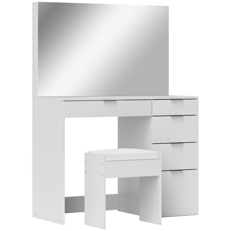 HOMCOM Set Tavolo da Trucco con Specchio e 5 Cassetti 97.2x44.5x136.5 cm e Sgabello Imbottito 40x24x46 cm, Bianco