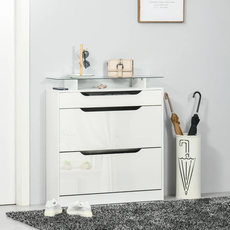 HOMCOM Armoire à Chaussures avec 2 tiroirs rabattables + 1 tiroir Coulissant + 1 comptoir et 1 Plateau en Verre étagère réglable sur 2 Niveaux 89 x 23 x 96 cm blanc