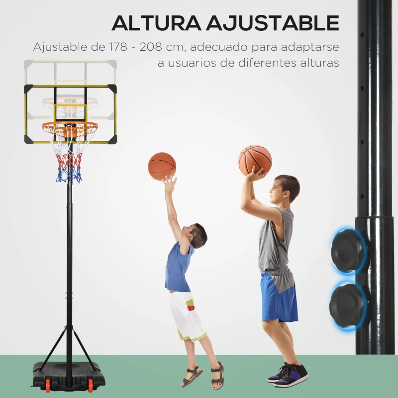 SPORTNOW Canasta de Baloncesto con Altura Ajustable 178-208 cm Ruedas y Base Rellenable para +6 Años 75x56x210-240 cm Amarillo y Negro