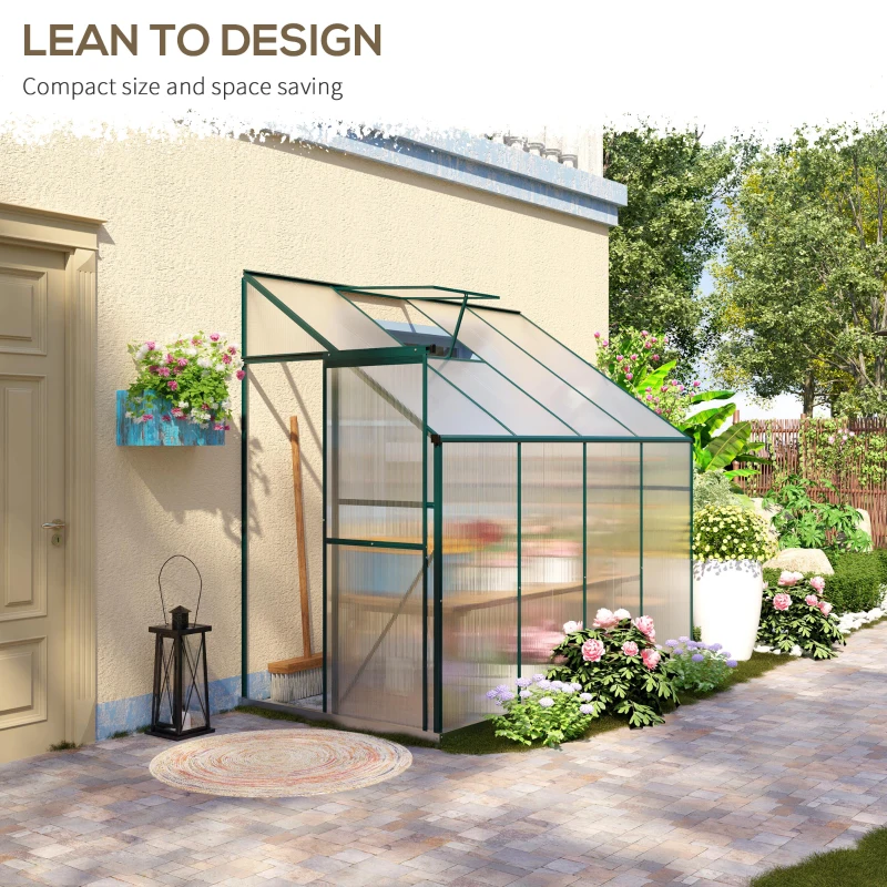 Outsunny 8 X 4ft Walk-In Lean to Greenhouse Garden Heavy Duty Aluminium Polycarbonate with Roof Vent for Plants Herbs Vegetables, Green