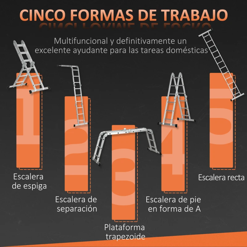 DURHAND Escalera Telescópica Plegable 5en1 Escalera Multifuncional de Aleación de Aluminio Carga 150kg 339x76x10cm Plata