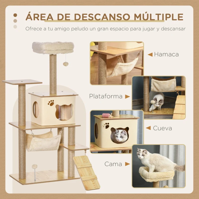 PawHut Árbol Rascador para Gatos 130 cm, Árbol para Gatos con 5 Plataformas, Hamaca, Escalera, Cueva, Postes de Yute, Bola Colgante, Beige