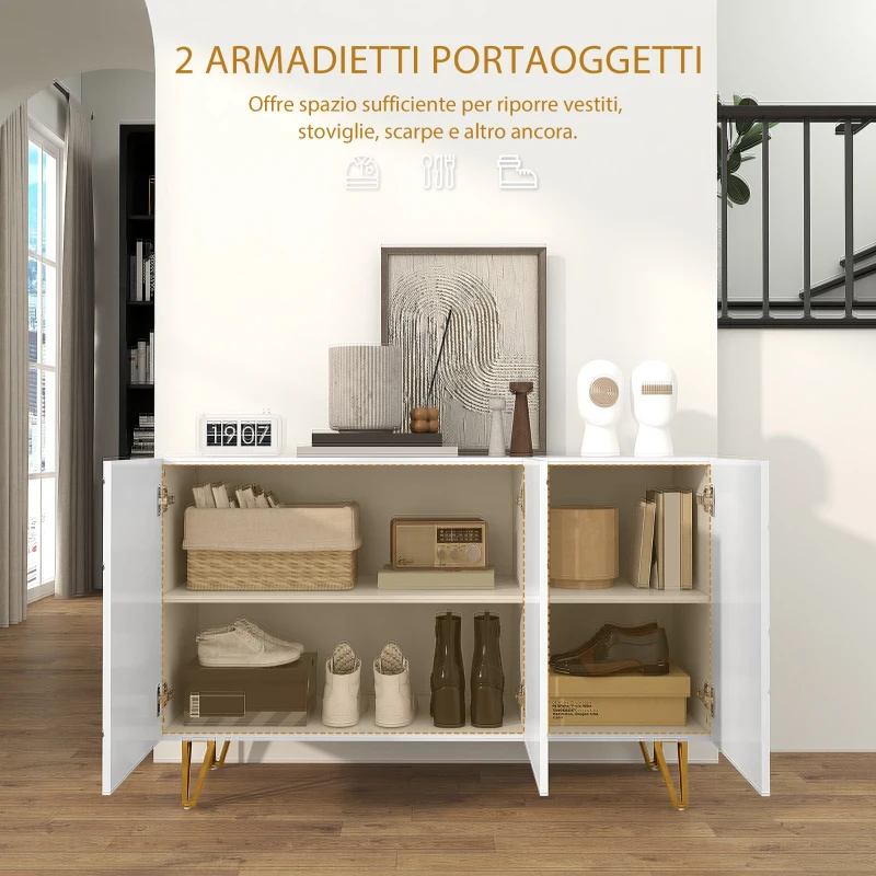 HOMCOM Mobile Contenitore con 2 Armadietti e Ripiano Regolabile, in Truciolato e Metallo, 120x40x75 cm, Bianco e Oro
