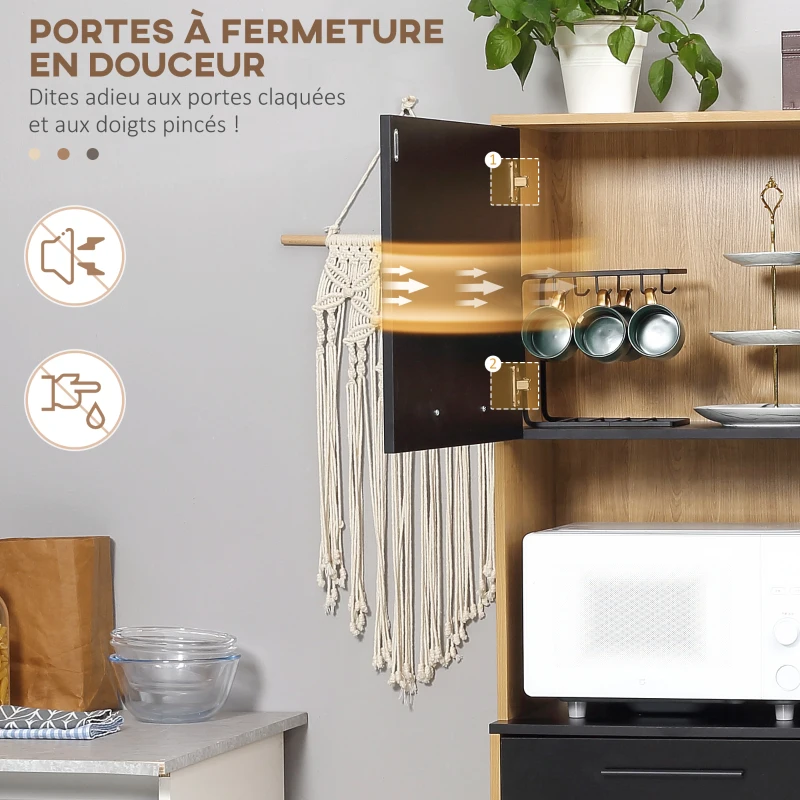 HOMCOM Armoire de cuisine multi-rangements avec tiroir 3 placards 4 niches et passe-câbles hauteur 180 cm noir et bois naturel(m-5)