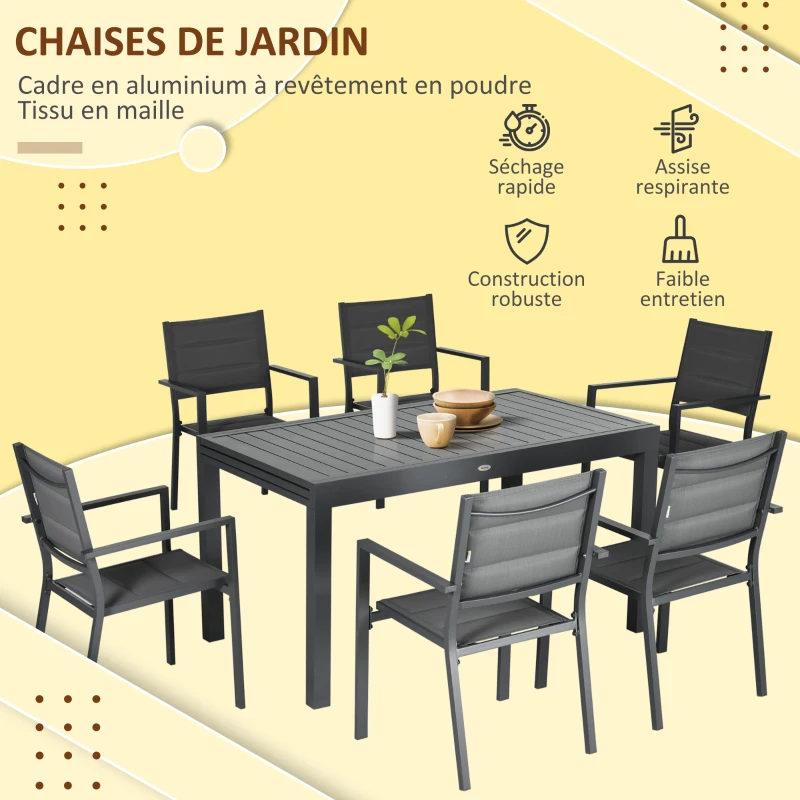 Outsunny Salon de jardin table extensible 135-270 cm en aluminium et textilène 6/10 personnes 8 chaises empilables gris