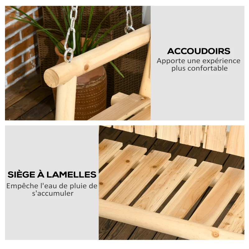 Outsunny Banc suspendu balancelle de jardin 2 places en bois massif assise et dossier à lattes chaînes incluses naturel